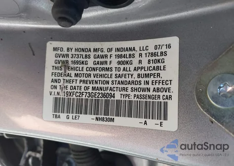 2016 Honda Civic Ex from USA, damaged, VIN 19XFC2F73GE236094